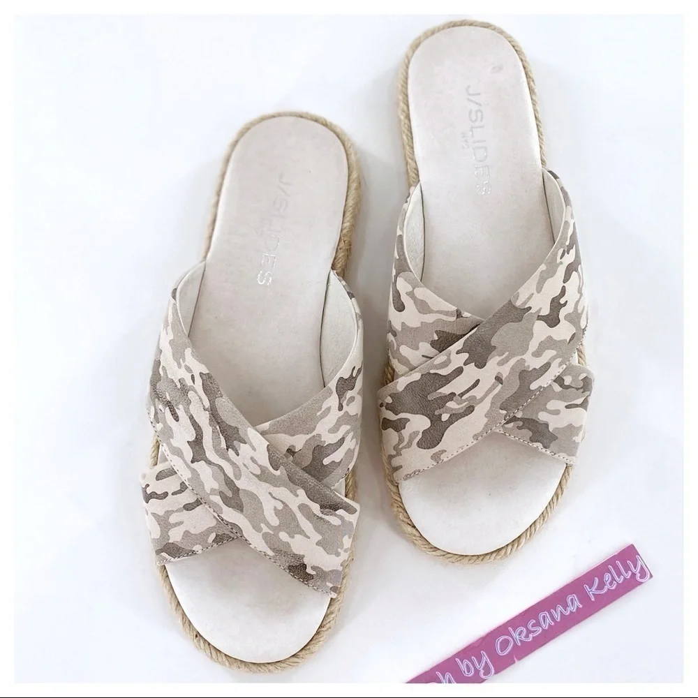 J/Slides Reva Camo Espadrille Sandal Leather Sz 6